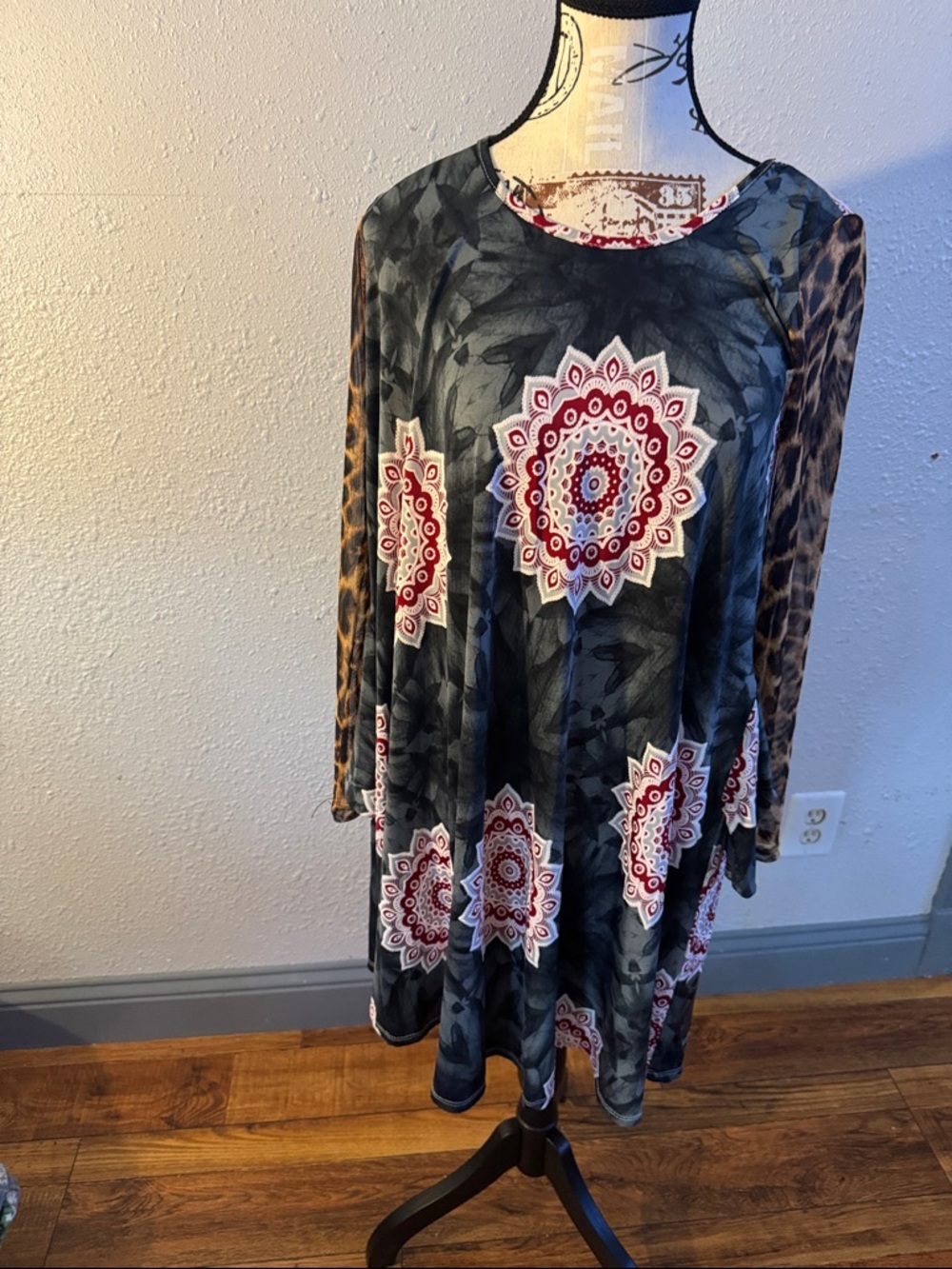 Forever 21 Gray Swing Dress with Red Medallion and Leopard Sleeves